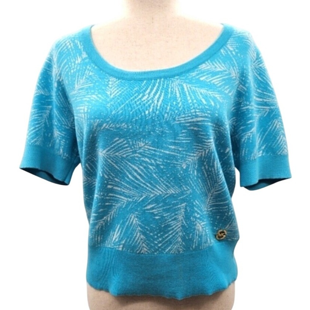 Michael Kors Turquoise Palm Print Short‎ Sleeve Sweater Knit Top